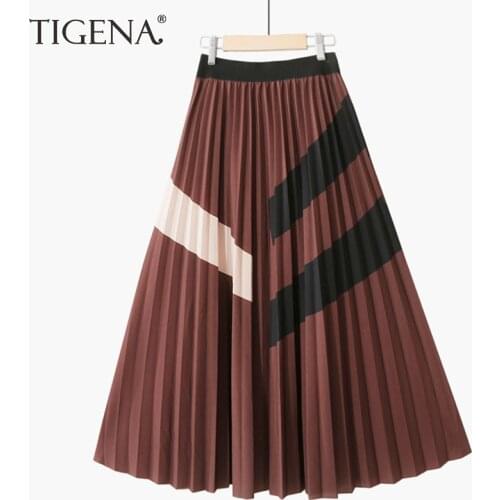 TIGENA New 2021 Vintage Pleated Long Skirt Women Fashion Geometric Print All-match A Line High Waist Mid-length Skirt Female