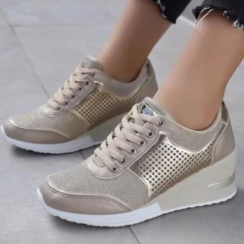 Women Height Increasing Walking Jogging Sneakers 4.5 CM Increase Gold Silver Ladies Sport Running Shoes Comfortable Girl Shoes