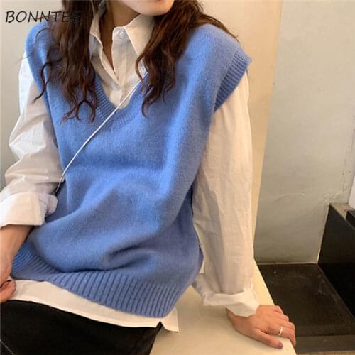 Sweater Vest Women V-neck Solid Simple Loose All-match Casual Korean Style Female Chic Knitted Autumn Sleeveless 8 Colors Teens