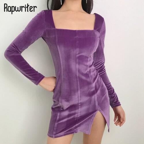 Rapwriter Vintage Solid Velvet Dress Women 2020 Stretch Bodycon Elegant Side Split Dresses Long Sleeve Party Dress Clothes Femme