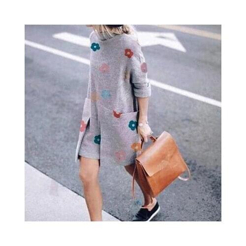 Ladies Autumn Long Sleeve Sweater Dress Loose Lightning Flower Print Round Neck Pullover Long Sleeve Dress Casual Pocket Sweater