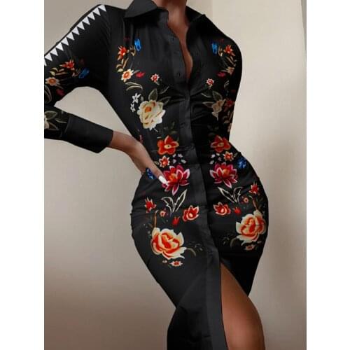 Striped Printed Shirt Dress Sexy Women Lapel Buttons Elegant Long Sleeve V-neck Buttons Slim Tailored Party Dress Fall 2021