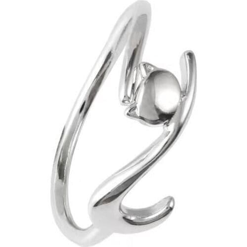 12Pcs/lot Cute Silver Stretched Cat Ring Adjustable Animal Ring for Women Sister Gift