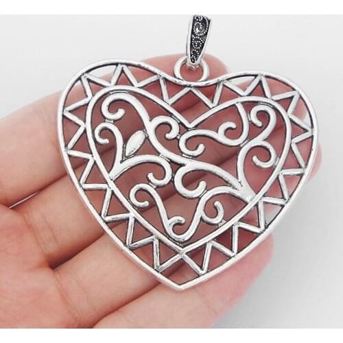 3pcs Tibetan Silver Color Large Hollow Filigree Heart Charms Pendants for Necklace Jewelry Making Findings 65x59mm Accessories