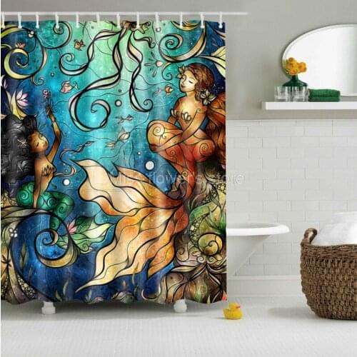 Abstract Seabed Mermaid Design Custom Shower Curtain Bathroom Waterproof Mildewproof Polyester Fabric With 12 Hooks
