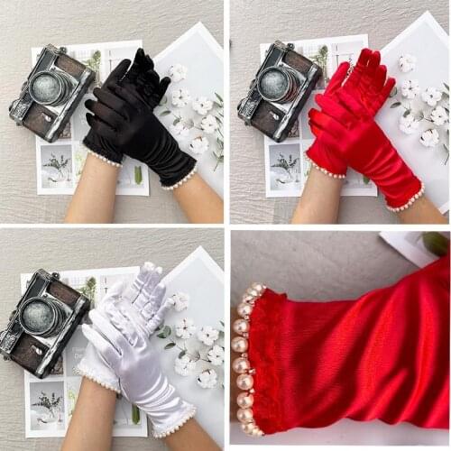 3Pairs Satin Women Short Bridal Party Satin Gloves Stretchy Girl Bridal Gloves with Pearls Bridal Gloves Wedding Accessories