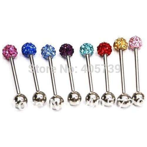 Crystal Ball Tongue Ring Piercing Shambhala Tongue Rings Fashion Body Jewelry Straight Barbell 20pcs/lot 14G