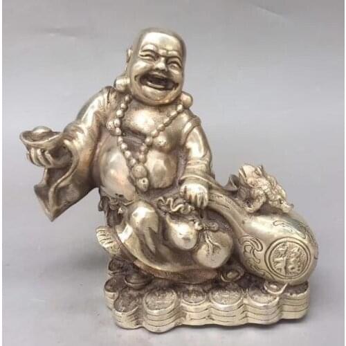 Chinese Tibet Silver Carved Maitreya Buddha Laughing Buddha Happy Buddha Holding Yuanbao Wealth Copper Buddha Statue Decoration