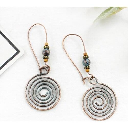 Retro Mental Alloy Cooper Spiral Circle Dainty Boho Beads Cluster Dangle Earrings Female Accessories Gift Aretes