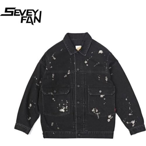 2021 SEVEYFAN Mens Denim Jacket Splash Paint Cracked Hole Fashion Jacket Mens Youth Loose Denim Coat