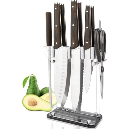 Kitchen Knife Set German Stainless Steel Knife Set 9PCS Chef Knives with Acrylic Block Holder Wooden Non-Slip Handle Sharpener