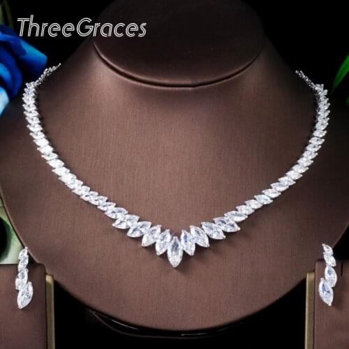 ThreeGraces Delicate Marquise Shape Clear White Cubic Zirconia Necklace and Drop Earrings for Bride Wedding Party Gift JS644