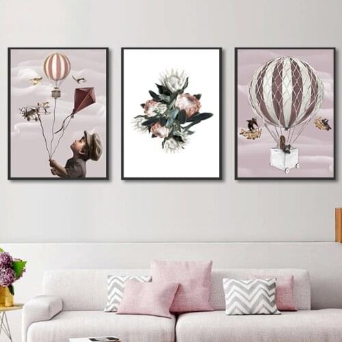 Lovely Boy Flying Dream Boy and Hot Air Balloon Prints on Canvas Wall Art for Home Decor Nordic Style Picture Home Decoration