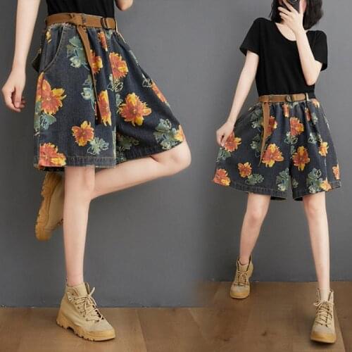 Fashion Printed Denim Wide Leg Shorts 2021 Ladies Summer Elastic Waist Casual Slim Pants Women Jeans Loose Streetwear