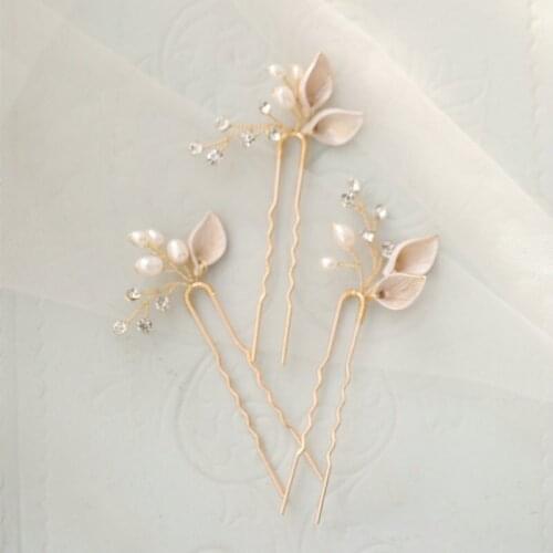 Simple Gold Leaf Bride Hairpin Freshwater Pearls Hair Sticks Wedding Hair Accessories