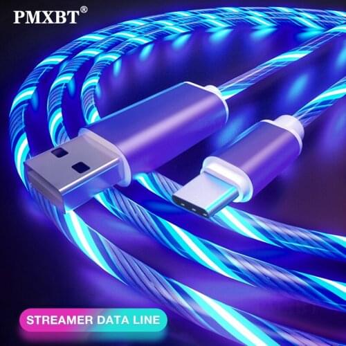 LED USB Cable Flow Luminous Micro USB Type C For Samsung Galaxy A50 Xiaomi Redmi Huawei Honor Colorful Glow Fast Charging Cord