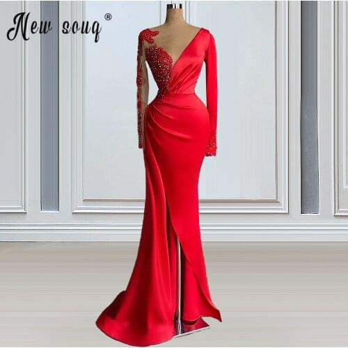 Elegant and Long-style Spring Red Evening Dress Illusion V-neck Mermaid Prom Party Dresses Appliqued Split Side Haute Couture