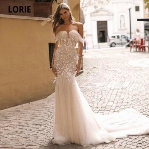 LORIE Vintage Mermaid Wedding Dresses Lace off the Shoulder Wedding Gown Boho Bridal Dress with Feather Custom Made