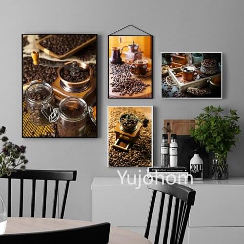 Canvas Poster And Print Vintage Espresso Machine Coffee Beans Pictures Wall Art Decor For Cafe Salon Dining Room Bar Store