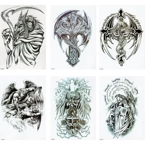 WARRIOR ANGEL WINGS CROSS TEMPORARY TATTOO, SET OF 1, CRUCIFIX, BODY ART, MENS, WOMENS