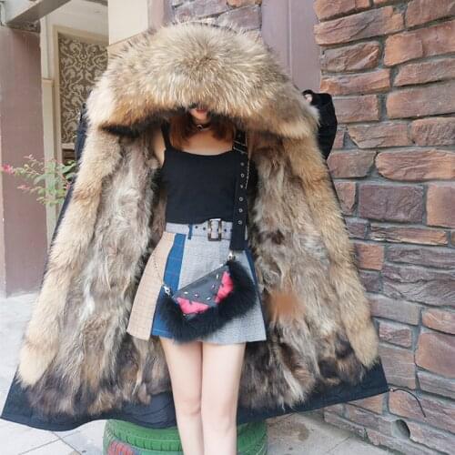 X-long 2020 Winter Jacket Women Real Fur Coat Parka Natural Raccoon Fur Collar Fox Fur Liner Thick Warm Detachable Streetwear