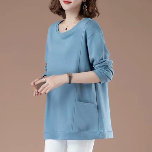 Ladies Tunic Long Sleeve Blouse Women Plus Size Autumn Spring Clothes Long Tunics O Neck Stitch Pocket Basic Tee Shirt Casual