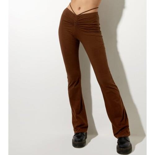 Wsevypo Women Slim Trousers Solid Ruched Drawstring Stright-Leg Pants Fashion Chic Lady Cut Out High Waist Bottoms Streetwear
