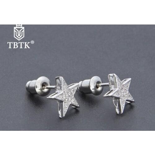 TBTK Gold Luxury Stud Earring Star Shape Beautiful Ear Jewelry Paved Full Bling Clear Zircon Stones Punk Mens Earring