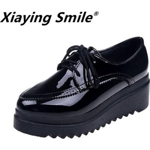 Xiaying Smile shose women Slope heel single shoes thick soled muffin shoes British retro carved shoes lace casual Size 35-39