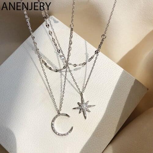 ANENJERY 925 Sterling Silver Shiny CZ Moon Star Necklace for Women Double Layer Necklace Choker Daily Party Jewelry Gifts S-N733