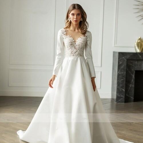 Elegant Long Sleeves Wedding Dress Satin Beading Lace Backless Princess A-Line Bridal Gowns Vestidos De Novia Floor Length 2021