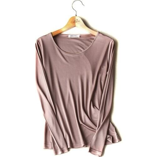 2018 Autumn New 7 Colors Female Silk Double Knitted Classic Round Neckwear Long Sleeved Shirt Bottoming Nightwear Plus Size