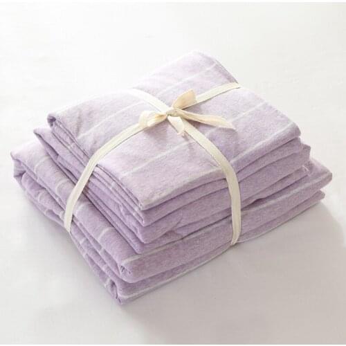 4pcs 100% Cotton purple tone stripes bedding sets queen size jersey knit blanket cover set