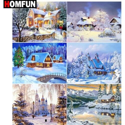 HOMFUN Diamond Embroidery DIY Diamond Painting Cross Stitch Kit "Snow house tree" 5D Needlework Diamond Home Decoration