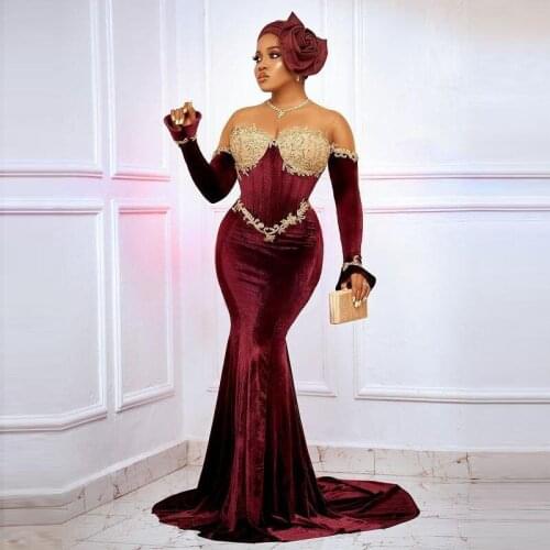 Burgundy Velour Mermaid Evening Dresses Off Shoulder Long Sleeves Beading Long Prom Gowns African Formal Party Dress 2021