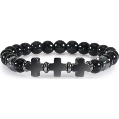 8mm Natural Stone Bracelet Christian Jesus Cross Bracelets for Women Men Elastic Rope Beaded Bangles Yoga Rosary Jewelry Gifts