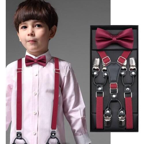 Kids Dark Red Bow Tie Elastic Suspender Boys Girls Wedding Party Adjustable Suspender Children Leather Y-Back Brace Belt DiBanGu