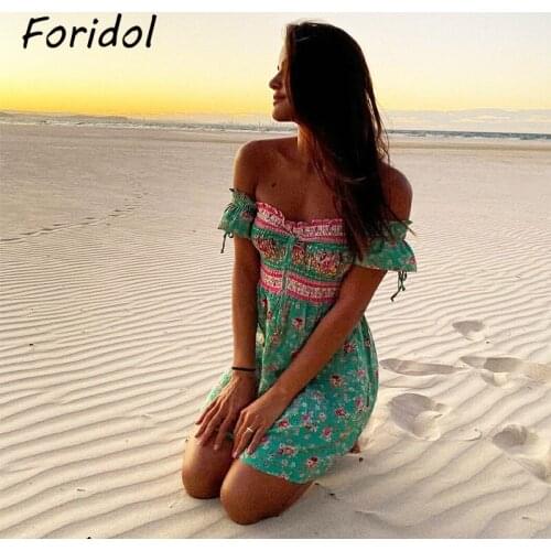 Foridol Floral Print Summer Dress Women Vintage Boho Short Puff Sleeve Green Short Beach Dress 2021 A-line Square Collar Dress