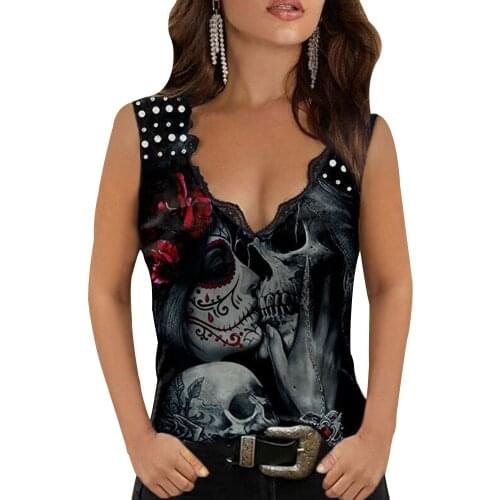 Gothic Punk Black Skull Print T-shirts Women Y2K Clothes Cannonball Sleeveless Sexy Lace V Neck Tshirts Graphic Tee Tops D30