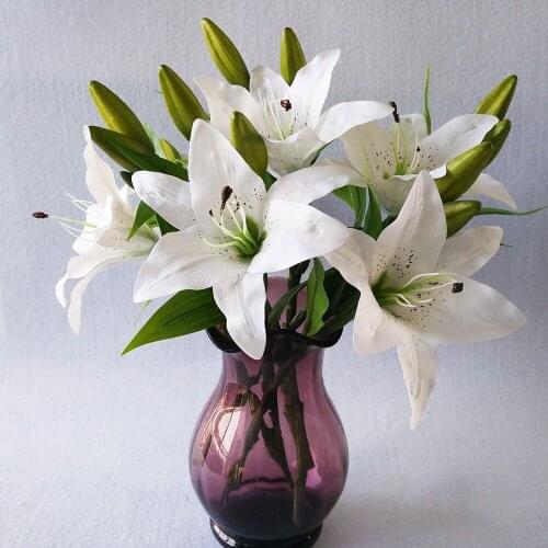 3 Heads Real Touch Artificial Lily Flores Wedding Bridal Fake Flowers Bouquet Plants White Lily Home Party Decor for Display