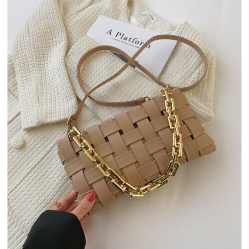 Fashion Weave Small Cute PU Leather Crossbody Bags for Women 2021 Simple Branded Luxury Gold Chain Shoulder Handbags and Purses