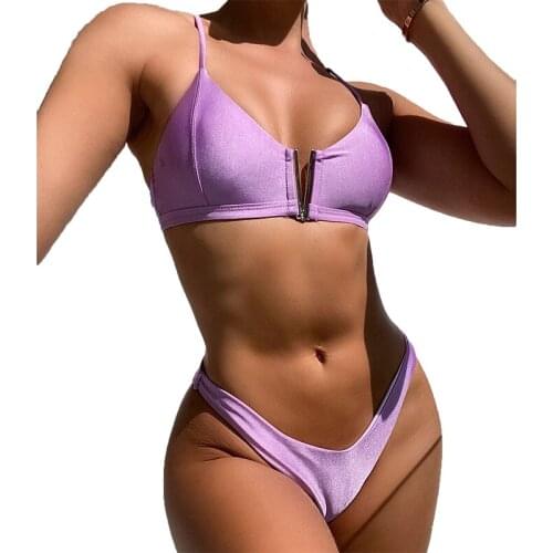 QINJOYER Solid Swimsuit Women V Waist Bikini 2021 Bathing Suits Women 2 Piece Swimsuit Halter Thong Bikini Women Swimwear Purple