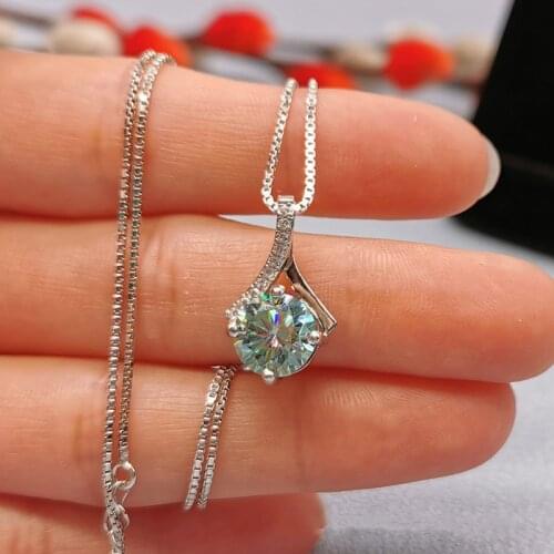 Blue Moissanite Charm Pendant Necklace for Women 1ct-2ct VVS S925 Sterling Silver Chain 45cm Rosette Fine Jewelry