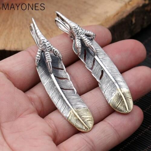 MAYONES Genuine 925 Sterling Silver Retro Feather Pendant For Men Vintage Punk Personality Silver Pendant Jewelry