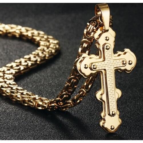 Orthodox Cross Pendant Necklaces for Men Stainless Steel Catholic Jesus Necklace Gold Silver Color Byzantine Chains Male Jewelry