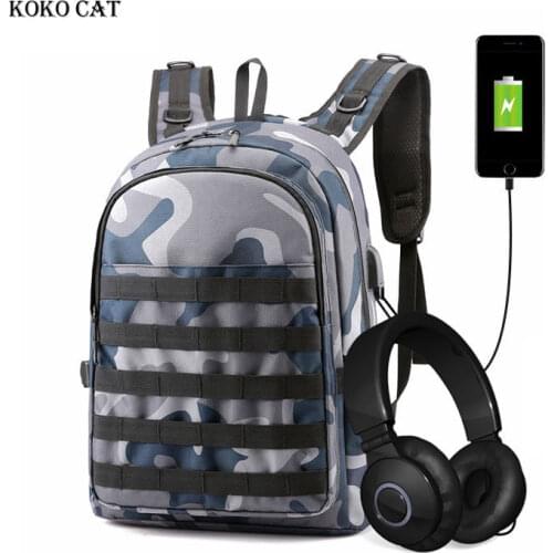 Koko Cat Game PUBG Backpack for Teenager Multi-functional Men School Bags Camouflage Canvas USB Charging Knapsack Mochila Hombre