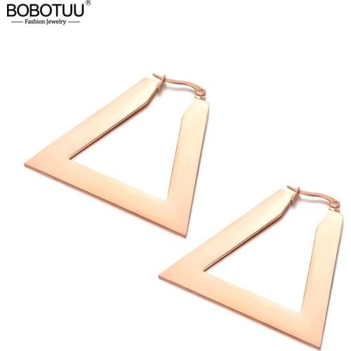 BOBOTUU OL Style Rose Gold Stainless Steel Jewelry Hollowed Out Triangular Hoop Earrings For Women Party Gifts Brincos BE18066