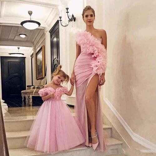 Pink Flower Girl Dresses For Wedding Party One Shoulder Ruffles Tulle Princess Prom Gowns Child Birthday Evening Gowns Cheap