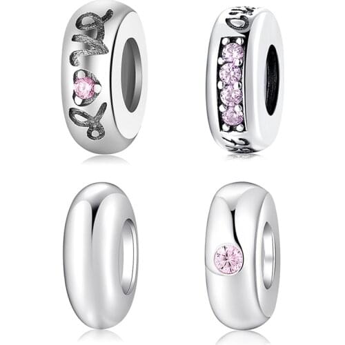 High Quality 925 Sterling Silver Round Pink CZ Fine Spacer Stopper Beads Fit Original European Charm Bracelets Jewelry Making