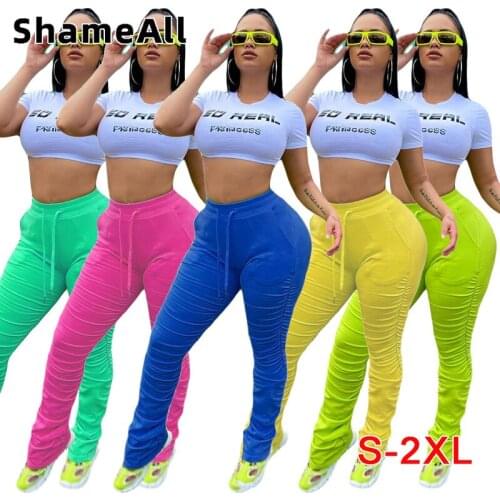 Women Elastic Stacked Pants Leggings High Waist Flare Bell Bottom Ruched Stack Trousers Draped Jogger Pants Sweatpants 2020